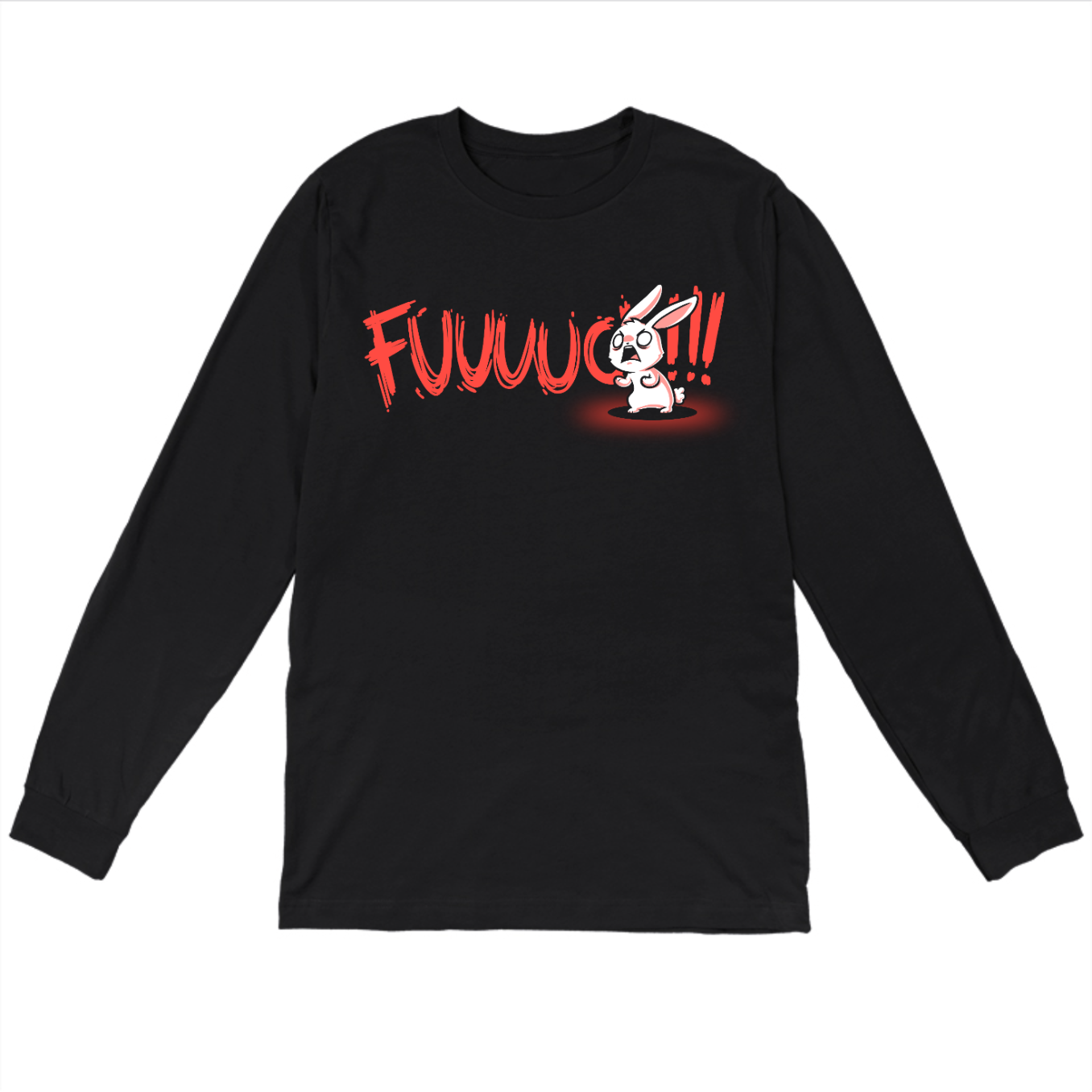 Long Sleeve T-shirt_TeeTurtle black Rage Mode Long Sleeve T-shirt featuring a screaming angry bunny obscuring the word "Fuuuuuuc" with three exclamation points at the end