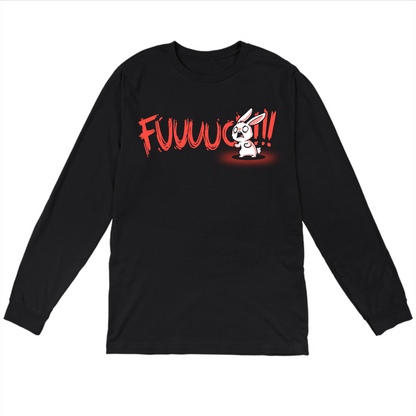 Long Sleeve T-shirt_TeeTurtle black Rage Mode Long Sleeve T-shirt featuring a screaming angry bunny obscuring the word "Fuuuuuuc" with three exclamation points at the end