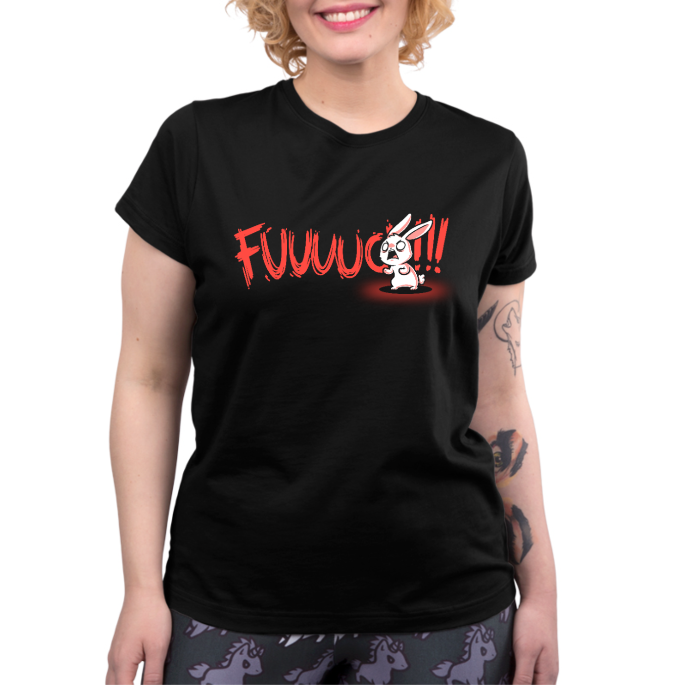 Premium Cotton T-shirt_TeeTurtle black Rage Mode Premium Cotton T-shirt featuring a screaming angry bunny obscuring the word "Fuuuuuuc" with three exclamation points at the end