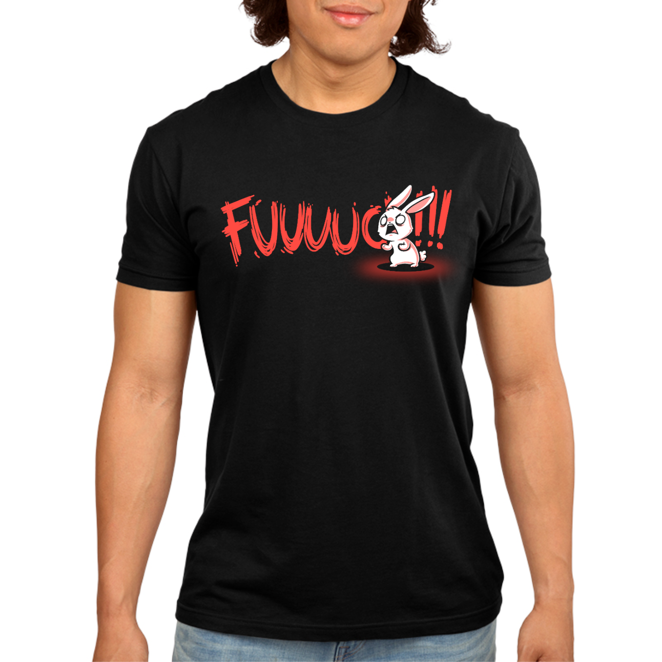 Premium Cotton T-shirt_TeeTurtle black Rage Mode Premium Cotton T-shirt featuring a screaming angry bunny obscuring the word "Fuuuuuuc" with three exclamation points at the end