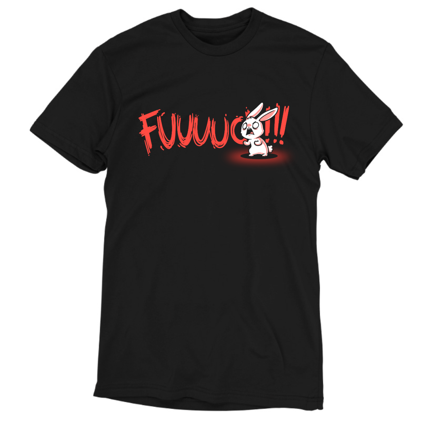 Premium Cotton T-shirt_TeeTurtle black Rage Mode Premium Cotton T-shirt featuring a screaming angry bunny obscuring the word "Fuuuuuuc" with three exclamation points at the end