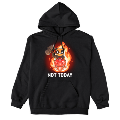 Pullover Hoodie_TeeTurtle black Critical Refusal apparel featuring an angry panda holding an axe behind a D20 that rolled a 1 with flames in the background, and the caption, “Not Today“.