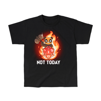 Classic Cotton T-shirt_TeeTurtle black Critical Refusal apparel featuring an angry panda holding an axe behind a D20 that rolled a 1 with flames in the background, and the caption, “Not Today“.