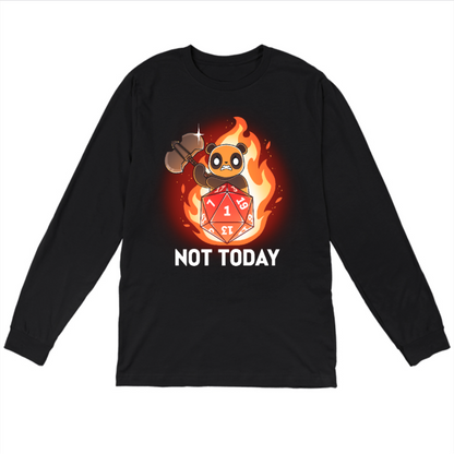 Long Sleeve T-shirt_TeeTurtle black Critical Refusal apparel featuring an angry panda holding an axe behind a D20 that rolled a 1 with flames in the background, and the caption, “Not Today“.