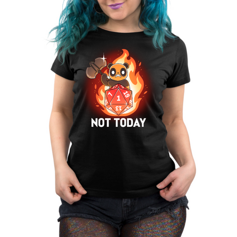 Premium Cotton T-shirt_TeeTurtle black Critical Refusal apparel featuring an angry panda holding an axe behind a D20 that rolled a 1 with flames in the background, and the caption, “Not Today“.