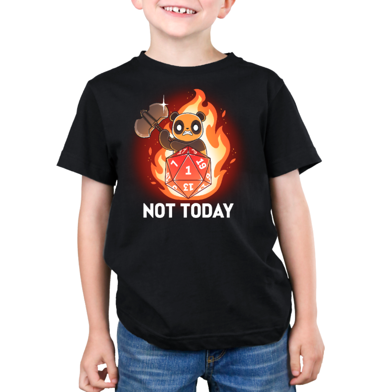 Premium Cotton T-shirt_TeeTurtle black Critical Refusal apparel featuring an angry panda holding an axe behind a D20 that rolled a 1 with flames in the background, and the caption, “Not Today“.