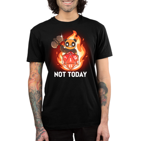 Premium Cotton T-shirt_TeeTurtle black Critical Refusal apparel featuring an angry panda holding an axe behind a D20 that rolled a 1 with flames in the background, and the caption, “Not Today“.