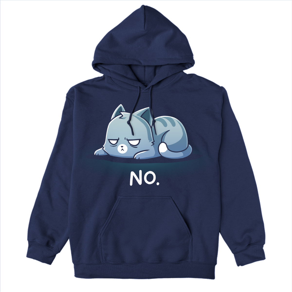 Pullover Hoodie_TeeTurtle navy No. (Cat) Pullover Hoodie featuring an unimpressed blue-gray tabby cat lying flat with a grumpy expression and the text "No."
