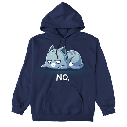 Pullover Hoodie_TeeTurtle navy No. (Cat) Pullover Hoodie featuring an unimpressed blue-gray tabby cat lying flat with a grumpy expression and the text "No."