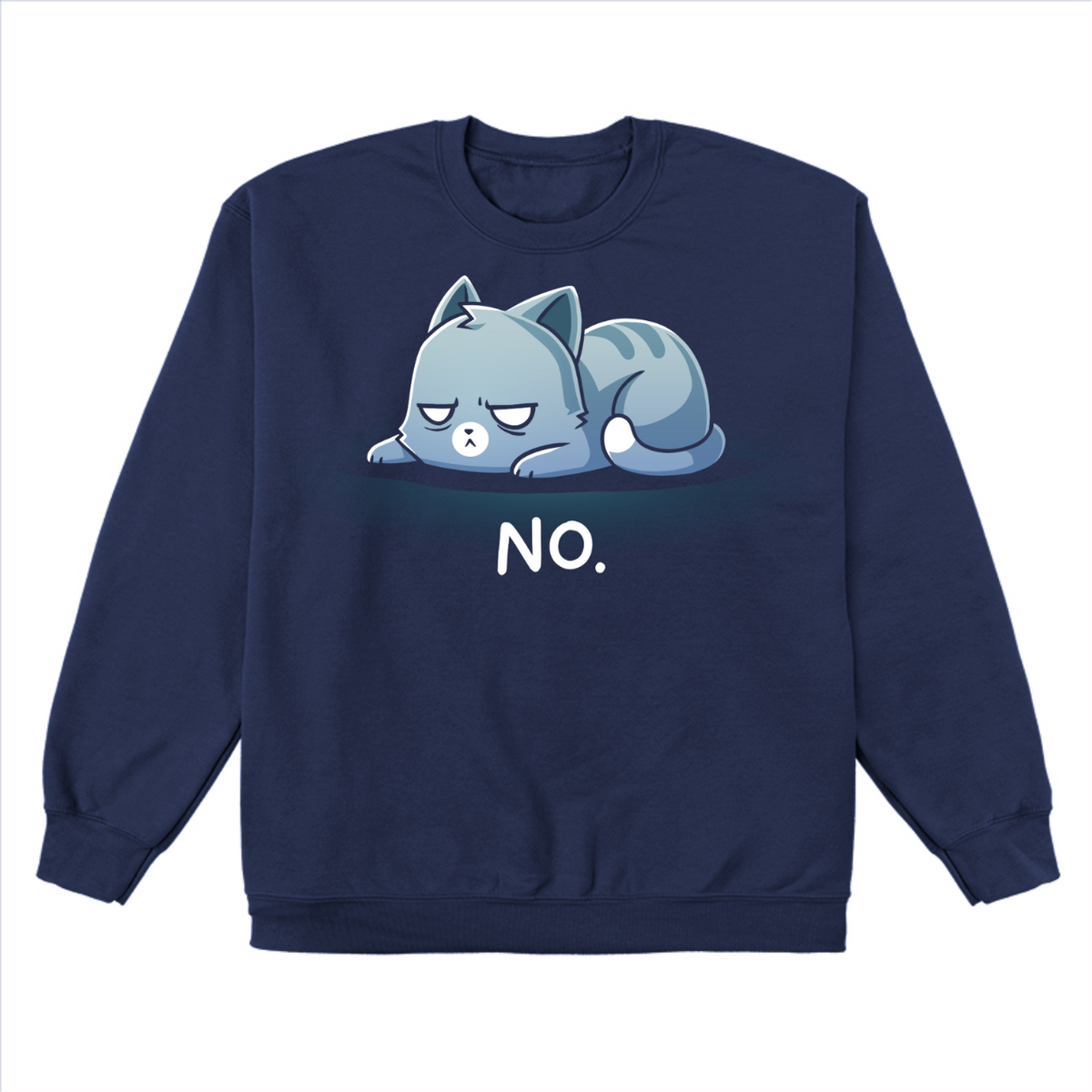 Crew Neck Sweatshirt_TeeTurtle navy No. (Cat) Crew Neck Sweatshirt featuring an unimpressed blue-gray tabby cat lying flat with a grumpy expression and the text "No."