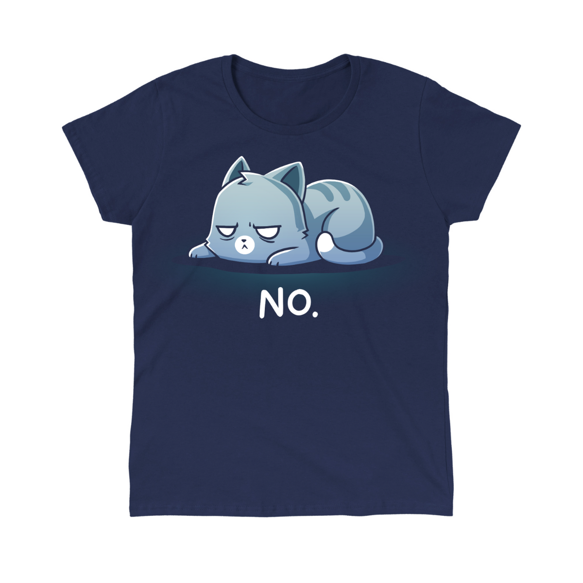 Women's Premium T-Shirt_TeeTurtle navy No. (Cat) Women's Premium T-Shirt featuring an unimpressed blue-gray tabby cat lying flat with a grumpy expression and the text "No."