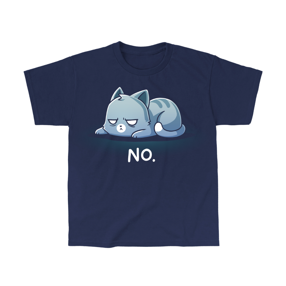 Kids' Classic T-Shirt_TeeTurtle navy No. (Cat) Kids' Classic T-Shirt featuring an unimpressed blue-gray tabby cat lying flat with a grumpy expression and the text "No."