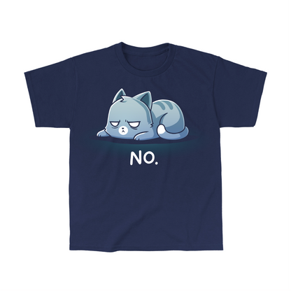 Kids' Classic T-Shirt_TeeTurtle navy No. (Cat) Kids' Classic T-Shirt featuring an unimpressed blue-gray tabby cat lying flat with a grumpy expression and the text "No."
