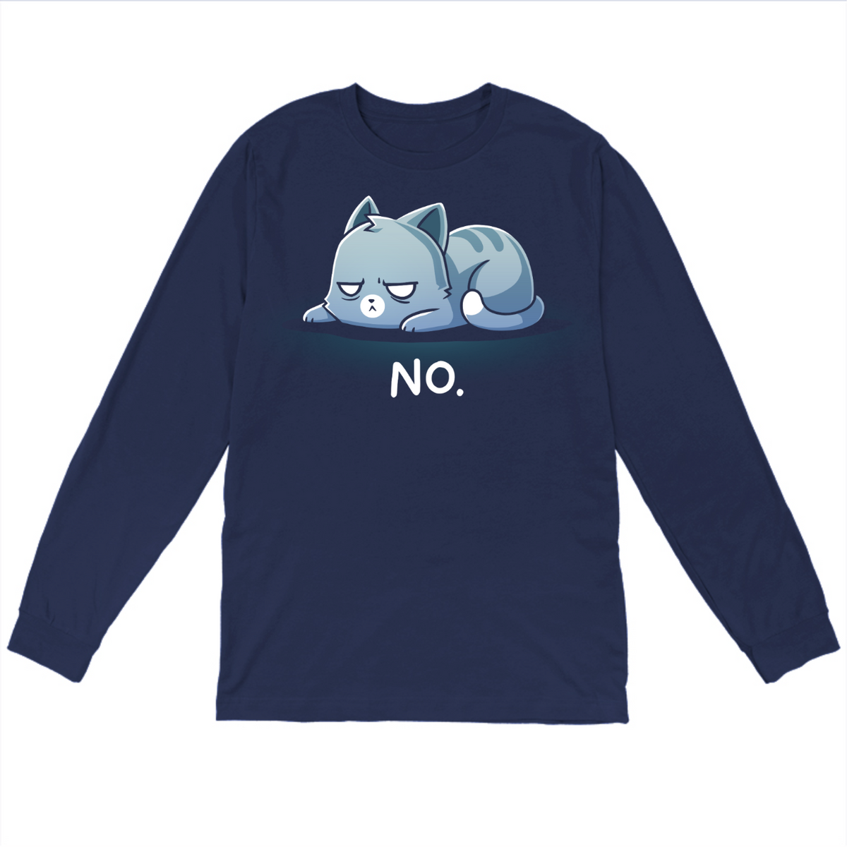 Long Sleeve T-shirt_TeeTurtle navy No. (Cat) Long Sleeve T-shirt featuring an unimpressed blue-gray tabby cat lying flat with a grumpy expression and the text "No."