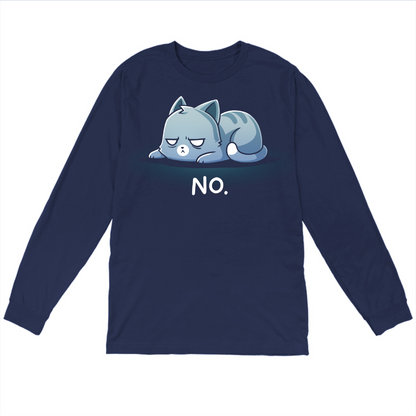 Long Sleeve T-shirt_TeeTurtle navy No. (Cat) Long Sleeve T-shirt featuring an unimpressed blue-gray tabby cat lying flat with a grumpy expression and the text "No."