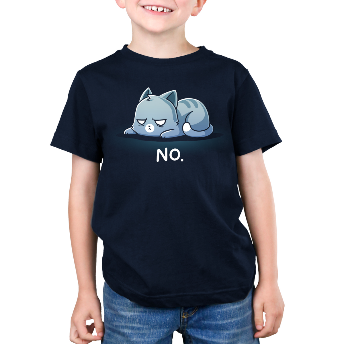 Kids' Classic T-Shirt_TeeTurtle navy No. (Cat) Kids' Classic T-Shirt featuring an unimpressed blue-gray tabby cat lying flat with a grumpy expression and the text "No."