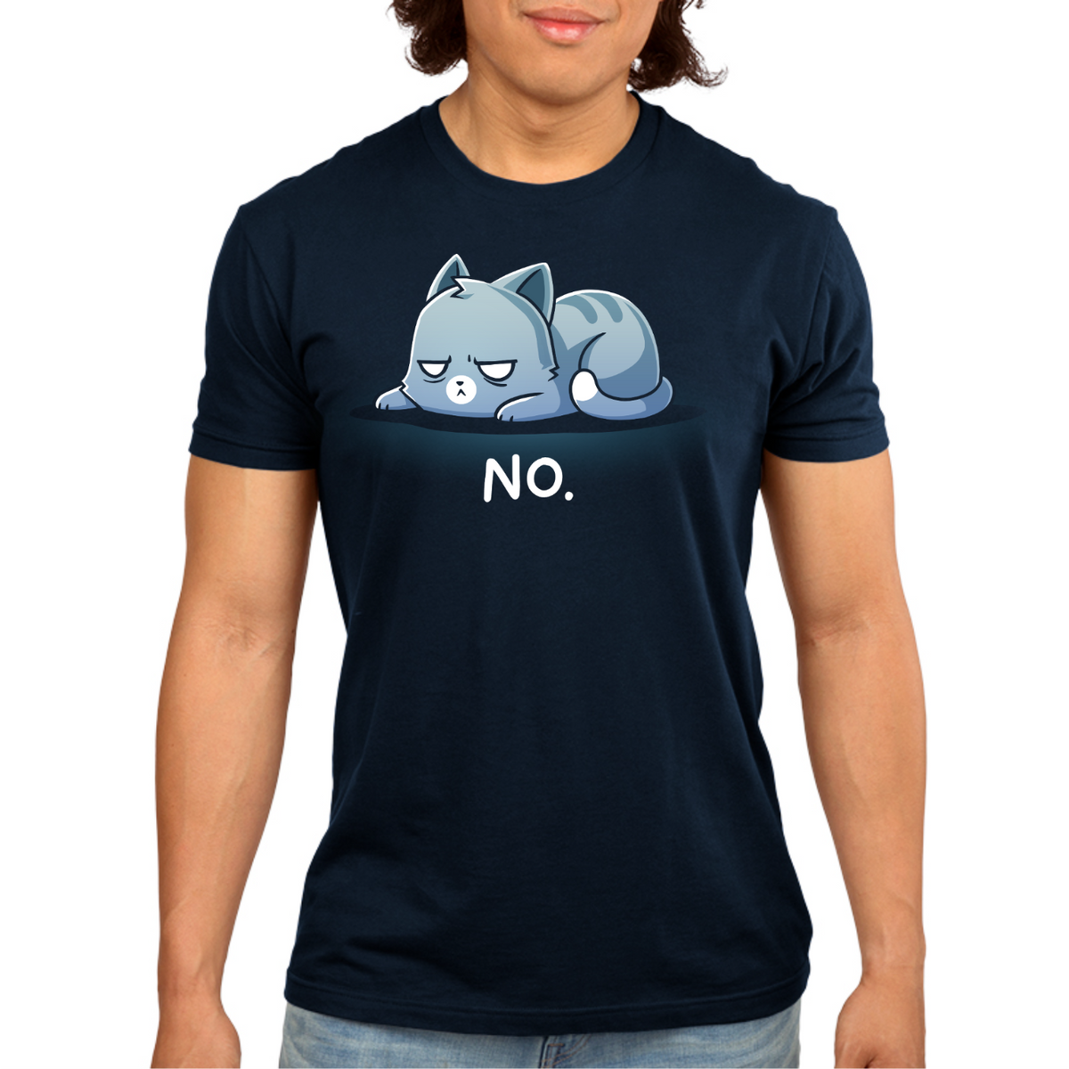 Men's Premium T-Shirt_TeeTurtle navy No. (Cat) Men's Premium T-Shirt featuring an unimpressed blue-gray tabby cat lying flat with a grumpy expression and the text "No."