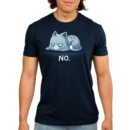 Men's Premium T-Shirt_TeeTurtle navy No. (Cat) Men's Premium T-Shirt featuring an unimpressed blue-gray tabby cat lying flat with a grumpy expression and the text "No."