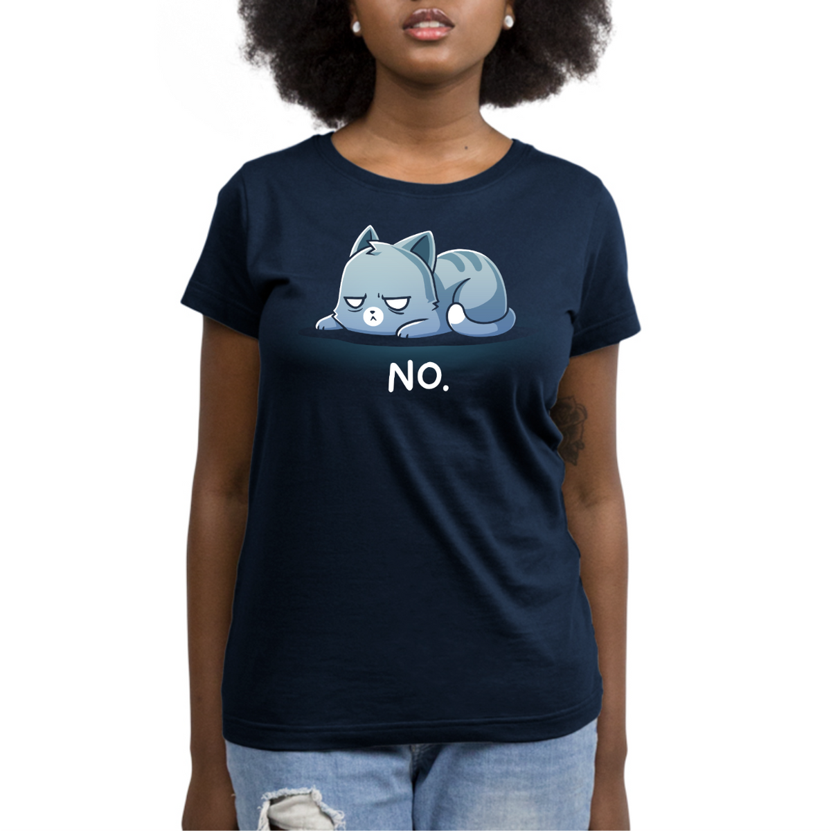 Women's Premium T-Shirt_TeeTurtle navy No. (Cat) Women's Premium T-Shirt featuring an unimpressed blue-gray tabby cat lying flat with a grumpy expression and the text "No."