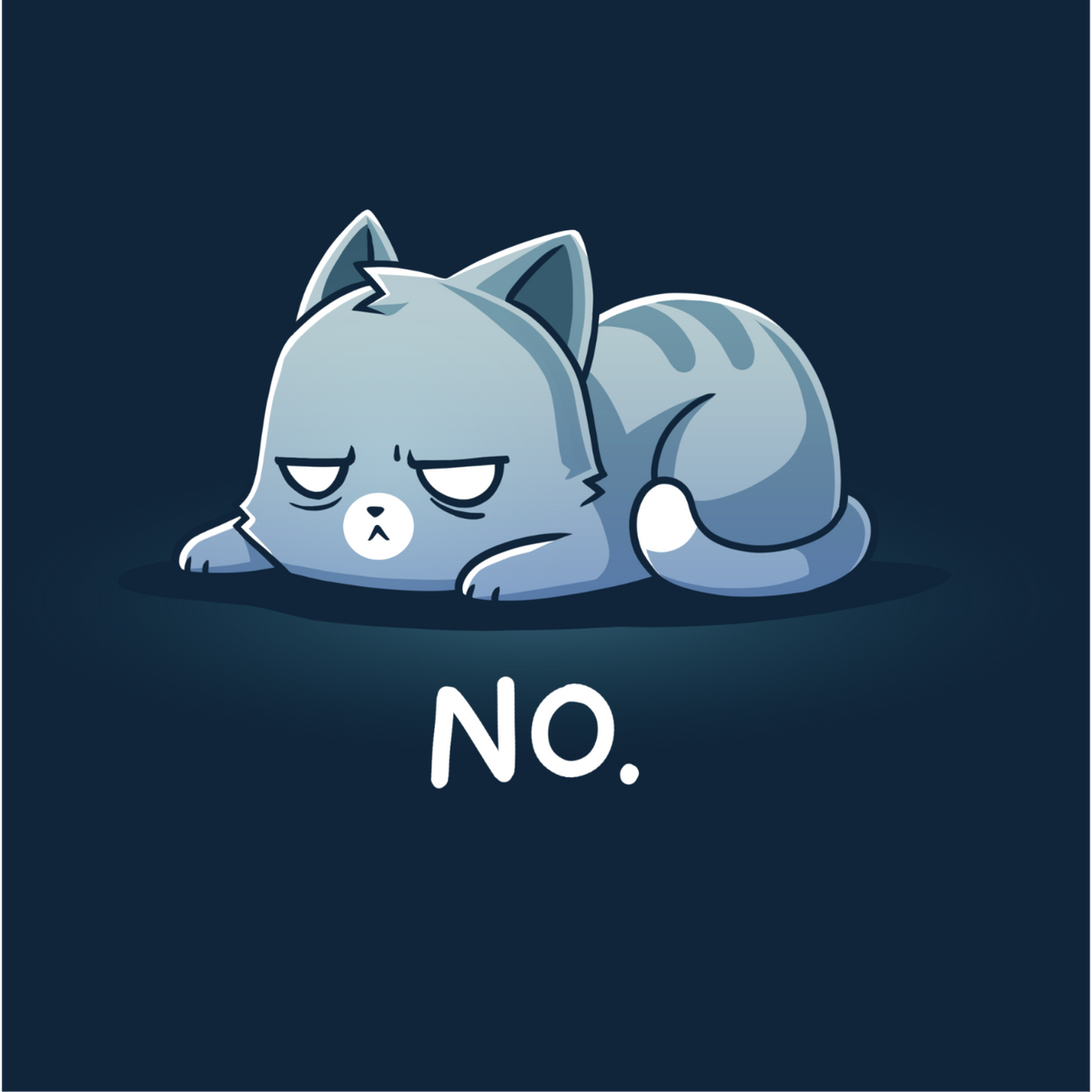 Kids' Classic T-Shirt_TeeTurtle navy No. (Cat) Kids' Classic T-Shirt featuring an unimpressed blue-gray tabby cat lying flat with a grumpy expression and the text "No."
