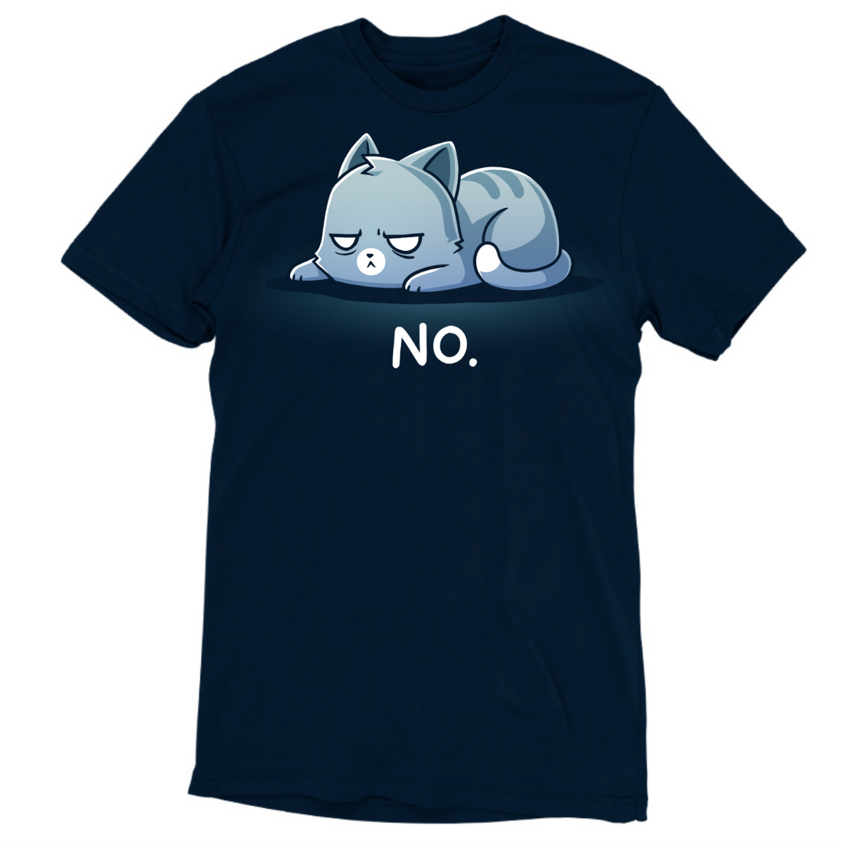 Men's Premium T-Shirt_TeeTurtle navy No. (Cat) Men's Premium T-Shirt featuring an unimpressed blue-gray tabby cat lying flat with a grumpy expression and the text "No."