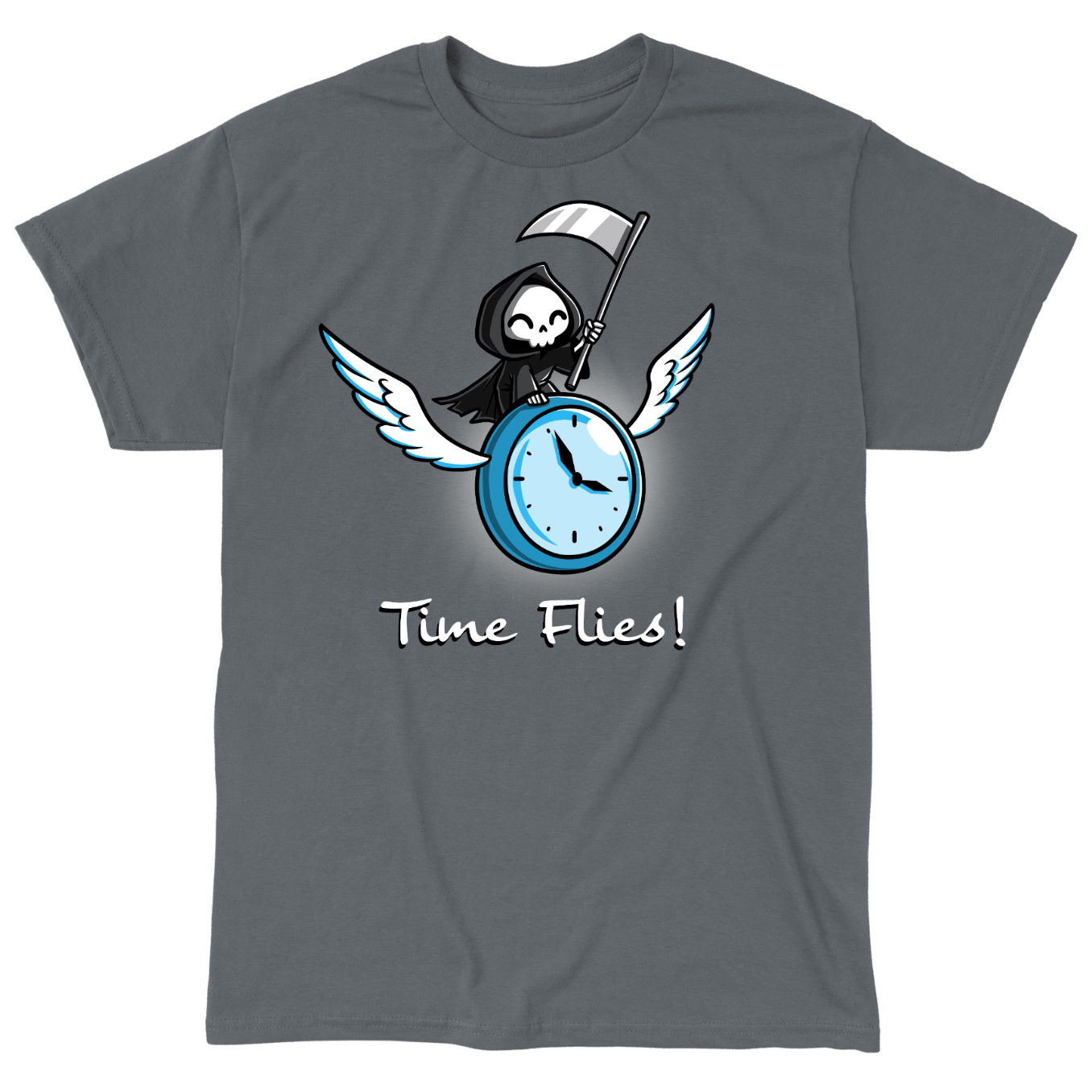 Classic Cotton T-shirt_TeeTurtle charcoal Time Flies Classic Cotton T-shirt featuring a grim reaper riding a clock with wings. The text below reads  "Time Flies"