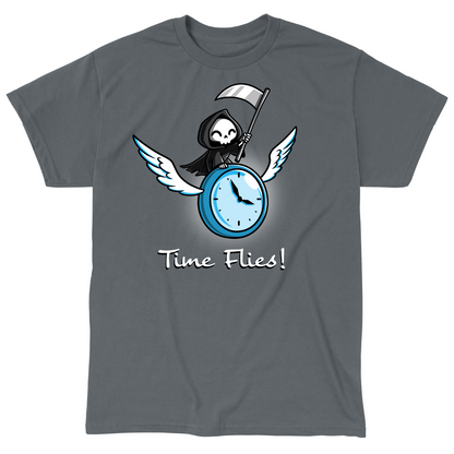 Classic Cotton T-shirt_TeeTurtle charcoal Time Flies Classic Cotton T-shirt featuring a grim reaper riding a clock with wings. The text below reads  "Time Flies"