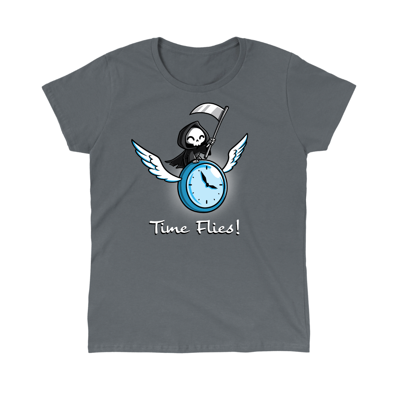 Classic Cotton T-shirt_TeeTurtle charcoal Time Flies Classic Cotton T-shirt featuring a grim reaper riding a clock with wings. The text below reads  "Time Flies"