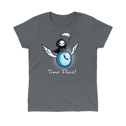 Classic Cotton T-shirt_TeeTurtle charcoal Time Flies Classic Cotton T-shirt featuring a grim reaper riding a clock with wings. The text below reads  "Time Flies"