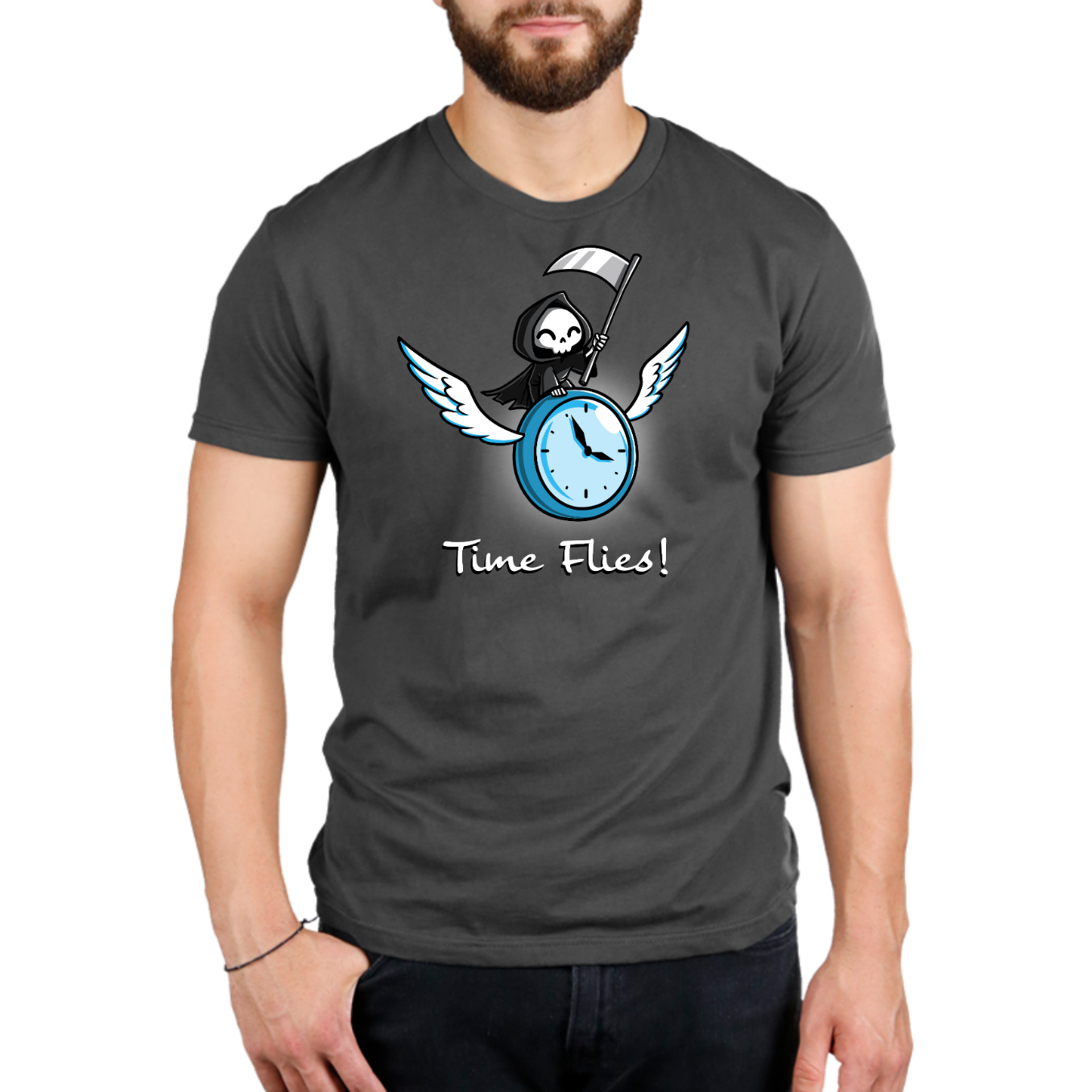 Premium Cotton T-shirt_TeeTurtle charcoal Time Flies Premium Cotton T-shirt featuring a grim reaper riding a clock with wings. The text below reads  "Time Flies"