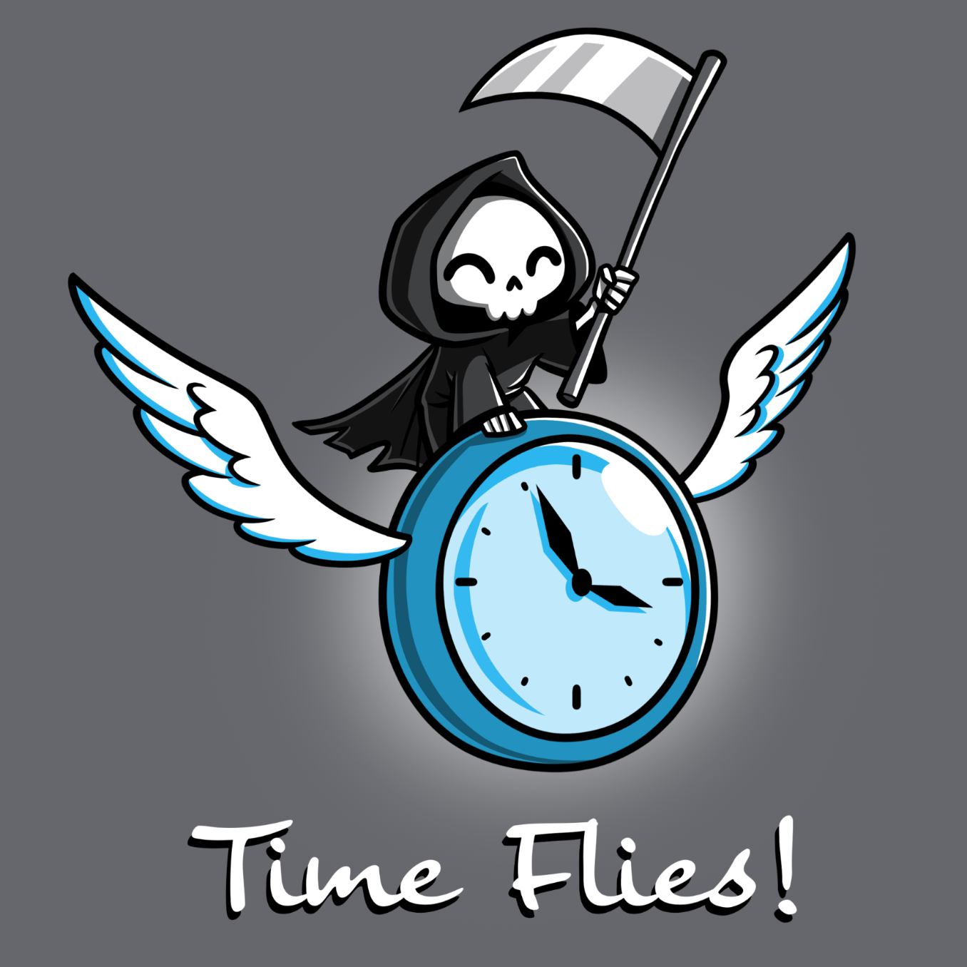 Classic Cotton T-shirt_TeeTurtle charcoal Time Flies Classic Cotton T-shirt featuring a grim reaper riding a clock with wings. The text below reads  "Time Flies"