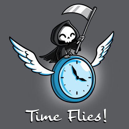 Premium Cotton T-shirt_TeeTurtle charcoal Time Flies Premium Cotton T-shirt featuring a grim reaper riding a clock with wings. The text below reads  "Time Flies"