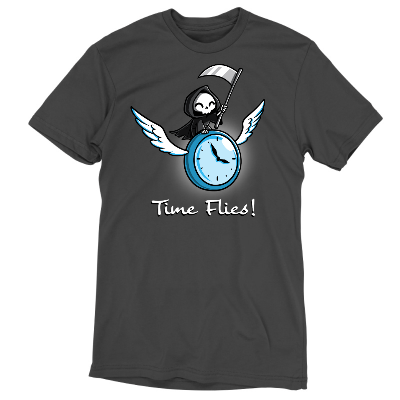 Premium Cotton T-shirt_TeeTurtle charcoal Time Flies Premium Cotton T-shirt featuring a grim reaper riding a clock with wings. The text below reads  "Time Flies"