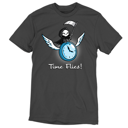Premium Cotton T-shirt_TeeTurtle charcoal Time Flies Premium Cotton T-shirt featuring a grim reaper riding a clock with wings. The text below reads  "Time Flies"