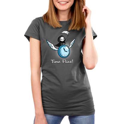 Premium Cotton T-shirt_TeeTurtle charcoal Time Flies Premium Cotton T-shirt featuring a grim reaper riding a clock with wings. The text below reads  "Time Flies"