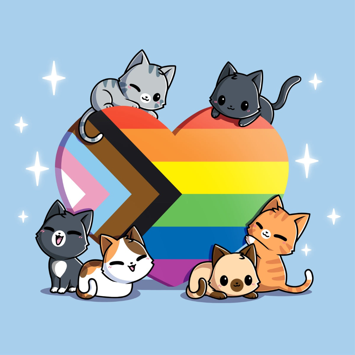 Women's Premium T-Shirt_TeeTurtle light blue Progress Purride Women's Premium T-Shirt featuring six cats gathered around a heart filled with the Progress Pride flag colors, with small white sparkles surrounding the design.