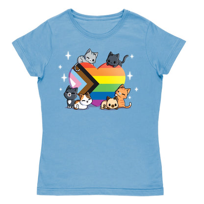 Women's Premium T-Shirt_TeeTurtle light blue Progress Purride Women's Premium T-Shirt featuring six cats gathered around a heart filled with the Progress Pride flag colors, with small white sparkles surrounding the design.