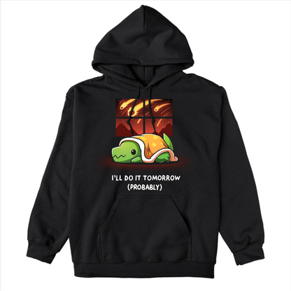 Pullover Hoodie_TeeTurtle black I'll Do It Tomorrow (Probably) Pullover Hoodie featuring a green dinosaur hiding under a blanket inside while a meteor shower rages as seen through the window. The text reads "I'll Do It Tomorrow (Probably)"