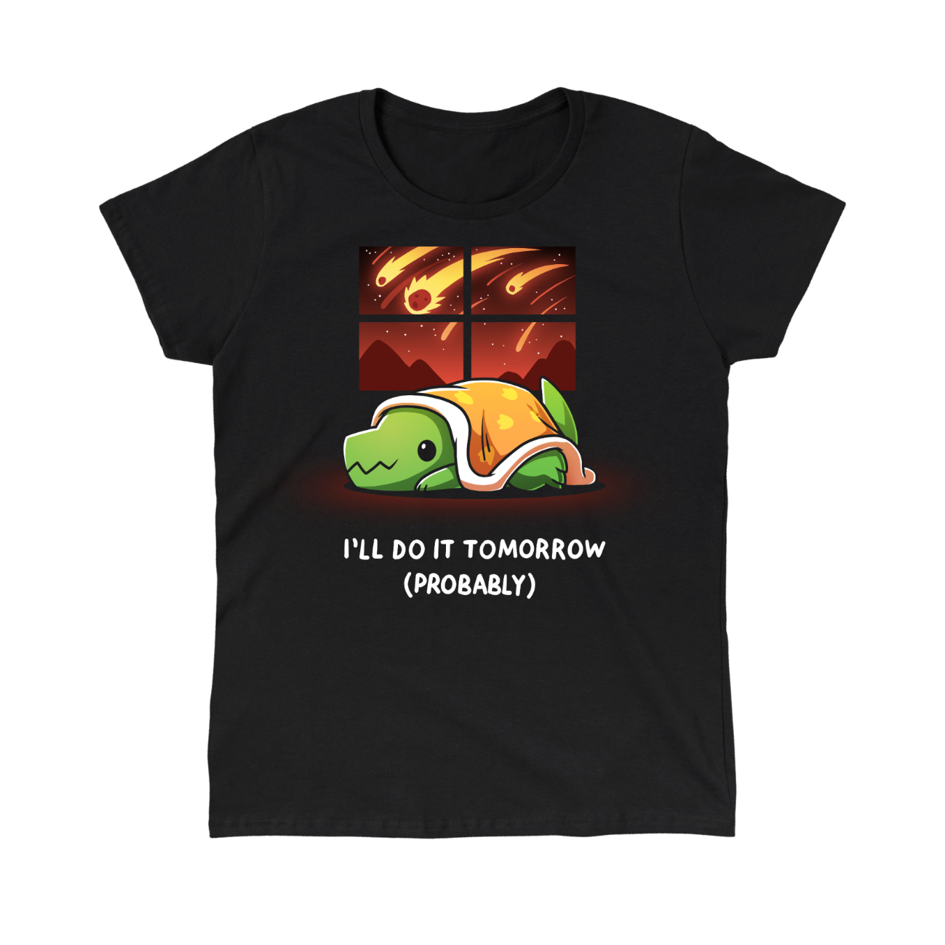 Classic Cotton T-shirt_TeeTurtle black I'll Do It Tomorrow (Probably) Classic Cotton T-shirt featuring a green dinosaur hiding under a blanket inside while a meteor shower rages as seen through the window. The text reads "I'll Do It Tomorrow (Probably)"