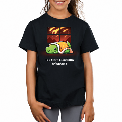 Premium Cotton T-shirt_TeeTurtle black I'll Do It Tomorrow (Probably) Premium Cotton T-shirt featuring a green dinosaur hiding under a blanket inside while a meteor shower rages as seen through the window. The text reads "I'll Do It Tomorrow (Probably)"