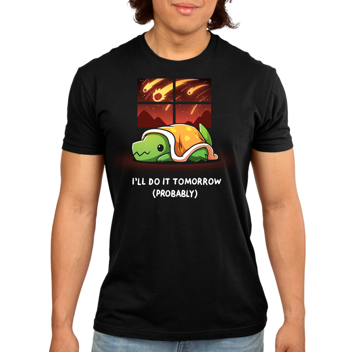 Premium Cotton T-shirt_TeeTurtle black I'll Do It Tomorrow (Probably) Premium Cotton T-shirt featuring a green dinosaur hiding under a blanket inside while a meteor shower rages as seen through the window. The text reads "I'll Do It Tomorrow (Probably)"