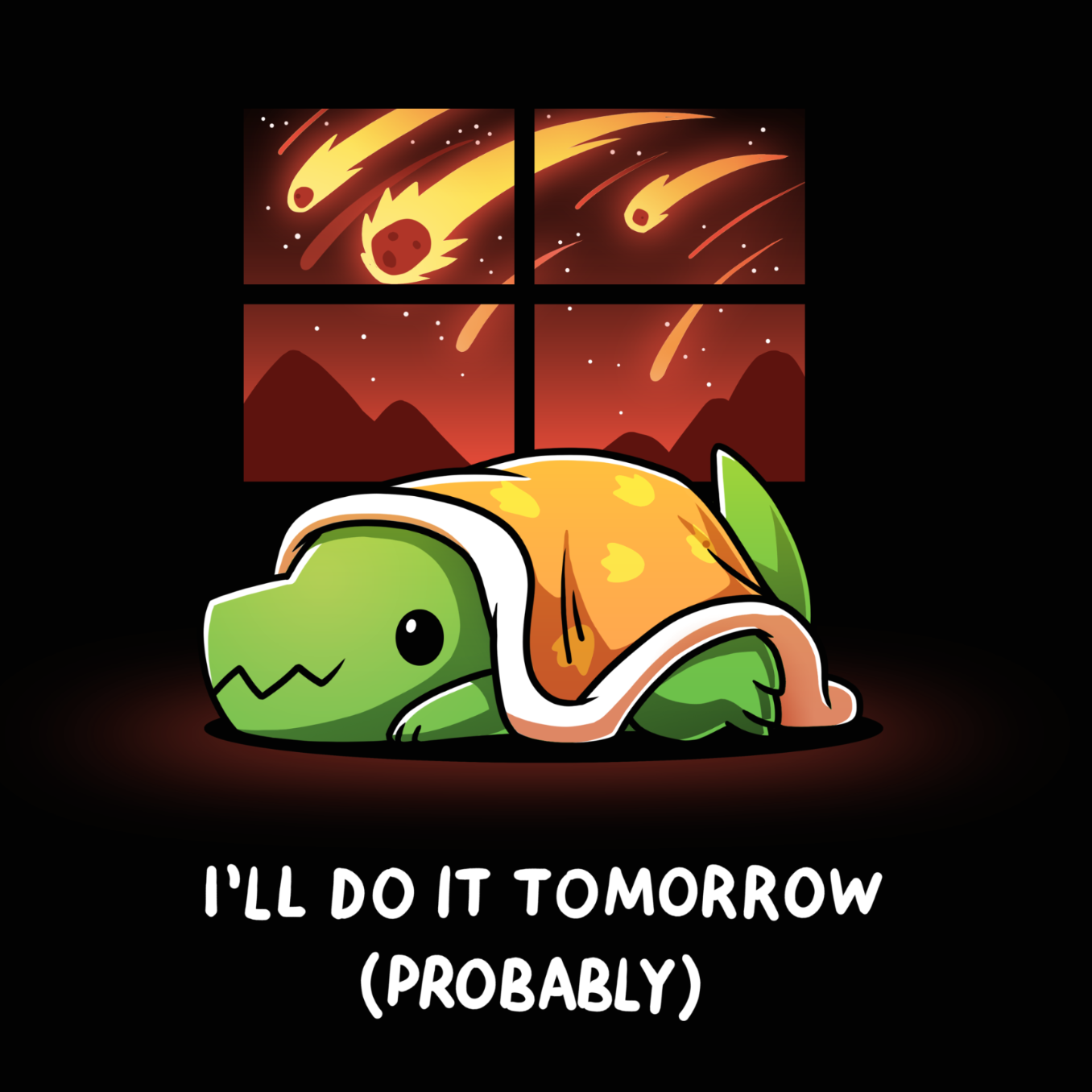 Crew Neck Sweatshirt_TeeTurtle black I'll Do It Tomorrow (Probably) Crew Neck Sweatshirt featuring a green dinosaur hiding under a blanket inside while a meteor shower rages as seen through the window. The text reads "I'll Do It Tomorrow (Probably)"