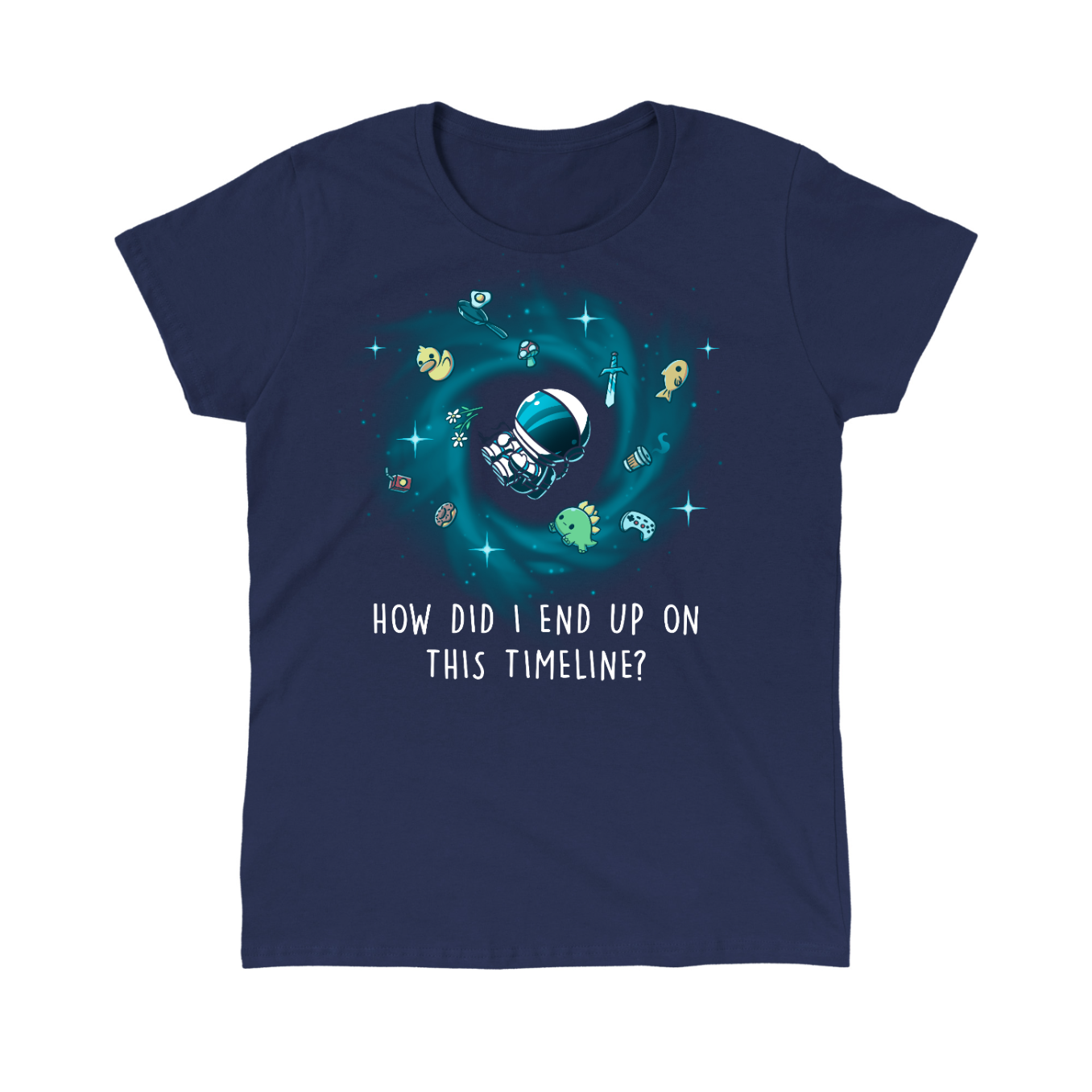 Classic Cotton T-shirt_TeeTurtle navy How Did I End Up On This Timeline Classic Cotton T-shirt featuring an astronaut floating in the middle of a black hole surrounded by random objects like a sword, frying pan, rubber duck, and game controller. Below the illustration the text rreads "How Did I End Up On This Timeline?"