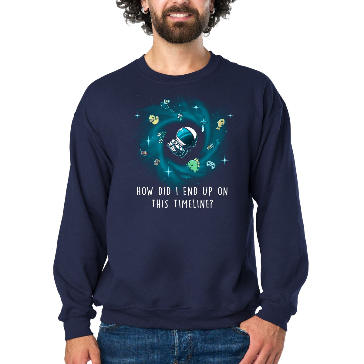 Crew Neck Sweatshirt_TeeTurtle navy How Did I End Up On This Timeline Crew Neck Sweatshirt featuring an astronaut floating in the middle of a black hole surrounded by random objects like a sword, frying pan, rubber duck, and game controller. Below the illustration the text rreads "How Did I End Up On This Timeline?"