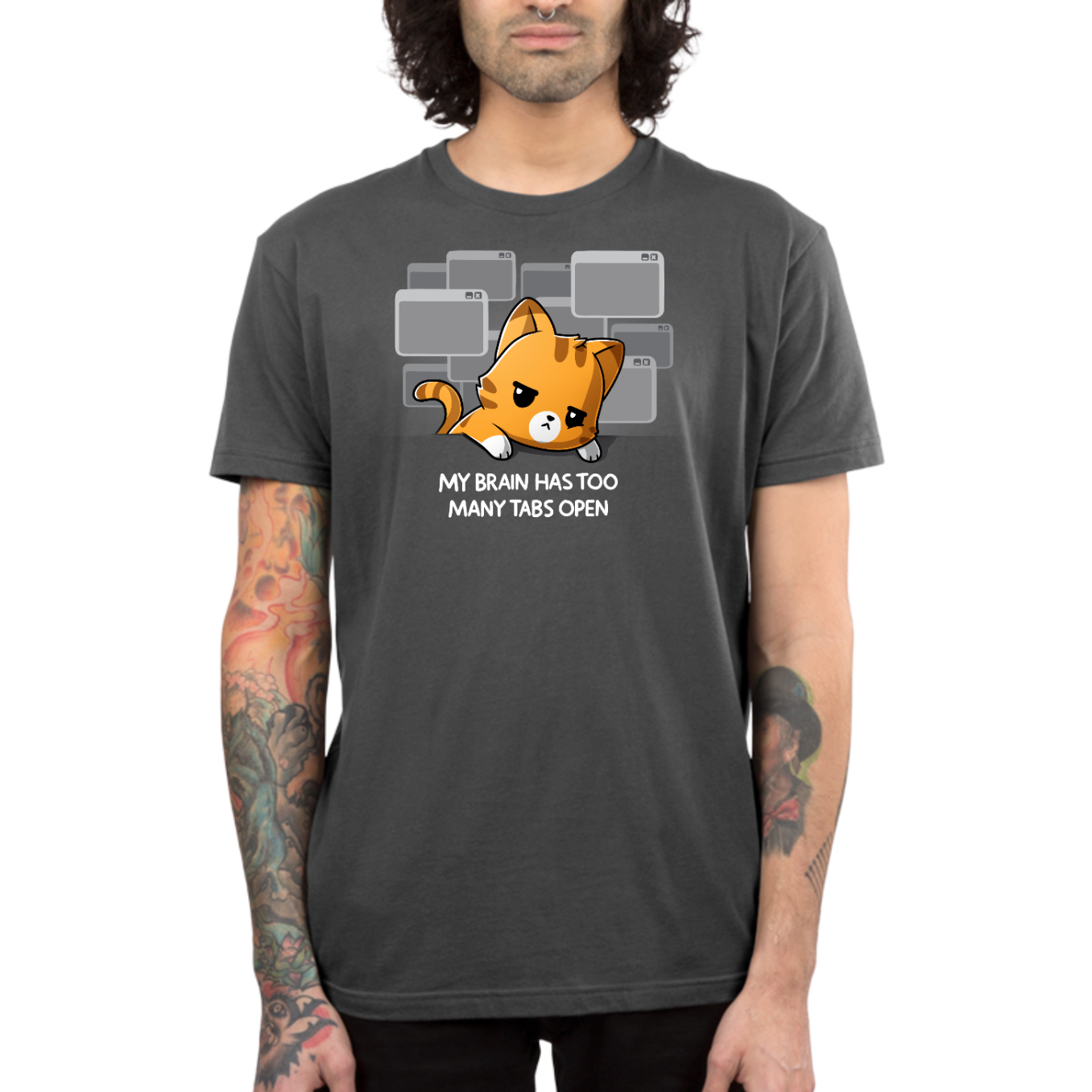 Premium Cotton T-shirt_TeeTurtle charcoal My Brain Has Too Many Tabs Open Premium Cotton T-shirt featuring an overwhelmed orange cat with a serious expression leaning on a table with a bunch of browser tabs open behind them. Text at the bottom reads "My Brain Has Too Many Tabs Open." 