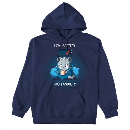 Pullover Hoodie_TeeTurtle navy blue Low Battery High Anxiety Pullover Hoodie featuring an anxious, crying cat wrapped in a blanket with a mug in their hands. There is a low battery icon above them. The text reads "Low Battery High Anxiety". 