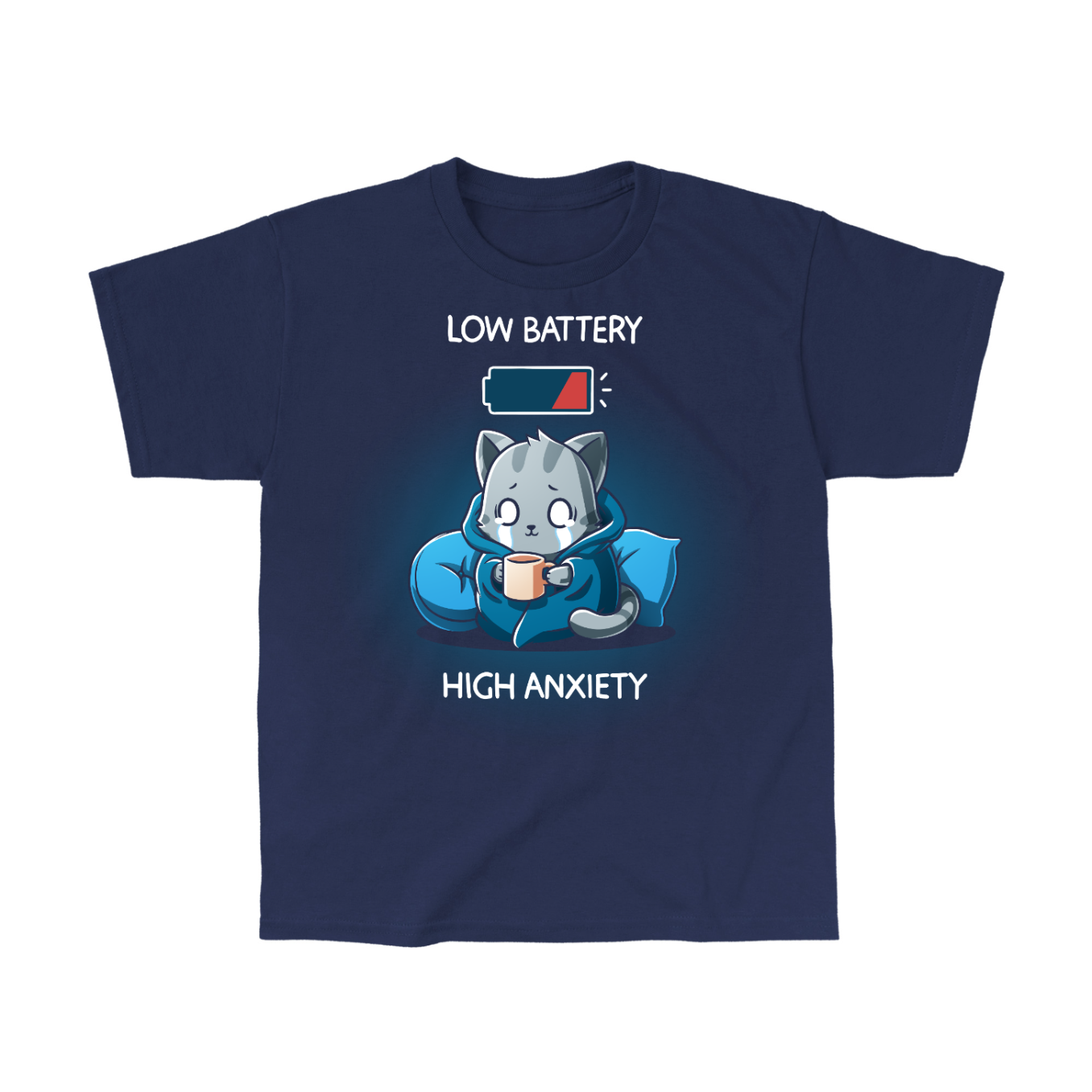 Classic Cotton T-shirt_TeeTurtle navy blue Low Battery High Anxiety Classic Cotton T-shirt featuring an anxious, crying cat wrapped in a blanket with a mug in their hands. There is a low battery icon above them. The text reads "Low Battery High Anxiety". 