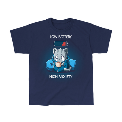 Classic Cotton T-shirt_TeeTurtle navy blue Low Battery High Anxiety Classic Cotton T-shirt featuring an anxious, crying cat wrapped in a blanket with a mug in their hands. There is a low battery icon above them. The text reads "Low Battery High Anxiety". 