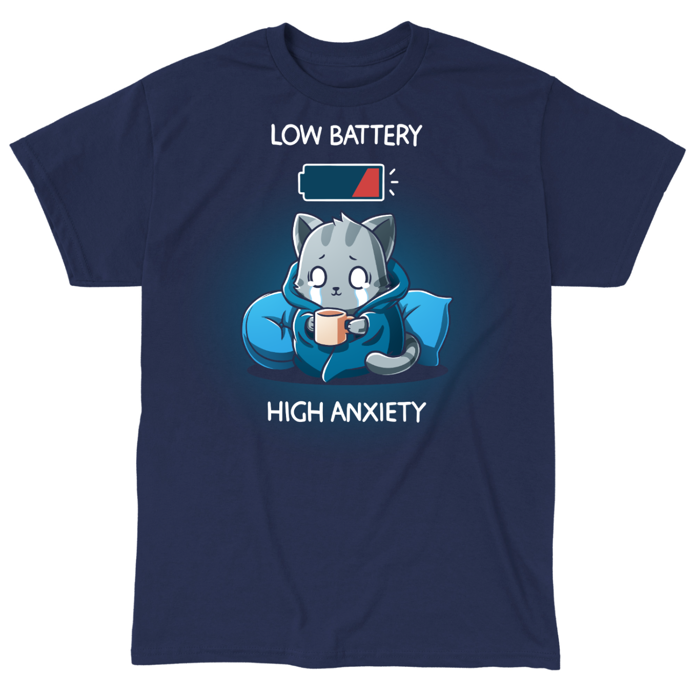 Classic Cotton T-shirt_TeeTurtle navy blue Low Battery High Anxiety Classic Cotton T-shirt featuring an anxious, crying cat wrapped in a blanket with a mug in their hands. There is a low battery icon above them. The text reads "Low Battery High Anxiety". 