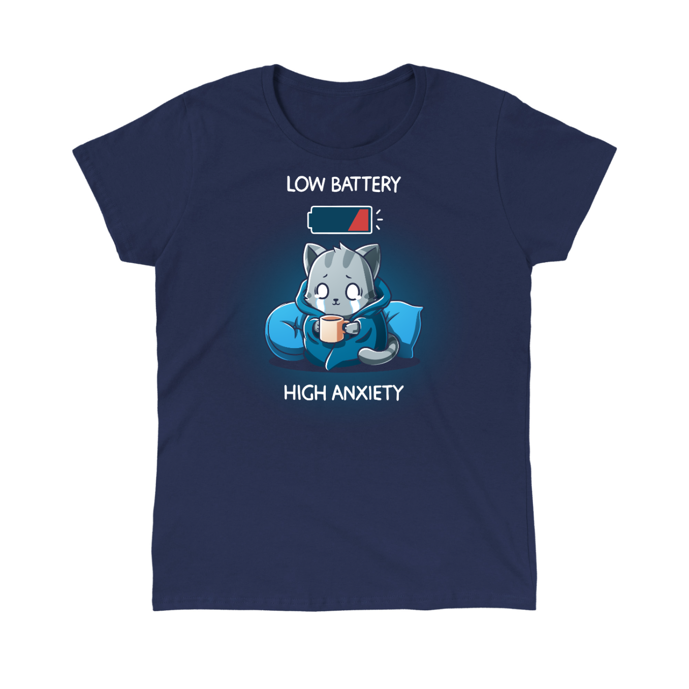 Classic Cotton T-shirt_TeeTurtle navy blue Low Battery High Anxiety Classic Cotton T-shirt featuring an anxious, crying cat wrapped in a blanket with a mug in their hands. There is a low battery icon above them. The text reads "Low Battery High Anxiety". 